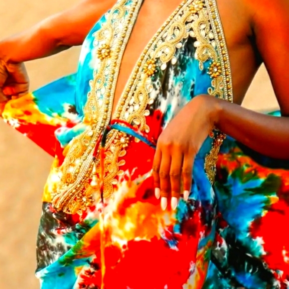 **LAST ONE***MANISH VAID- Tie Dye Silky Rayon Cry.Emb. Hi-Lo Dress OS NWT WoW*** - Picture 7 of 9